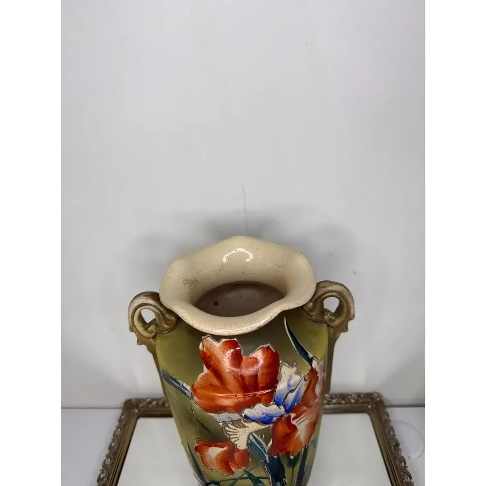 Stunning Large Antique Asian Handpainted Pottery Vase Ruffle Rim Handles Raised